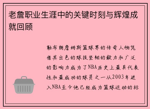 老詹职业生涯中的关键时刻与辉煌成就回顾